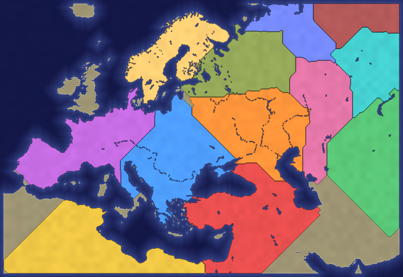 The Europe map in pixelwar, from Iceland to the Aral Sea, with the Volga and Danube as water