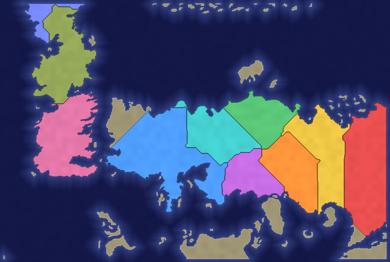 The Thronelands map in pixelwar, two continents divided between coloured player territories